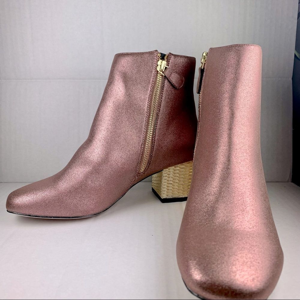 ASOS pink shimmer ankle bootie gold textured gold block heels